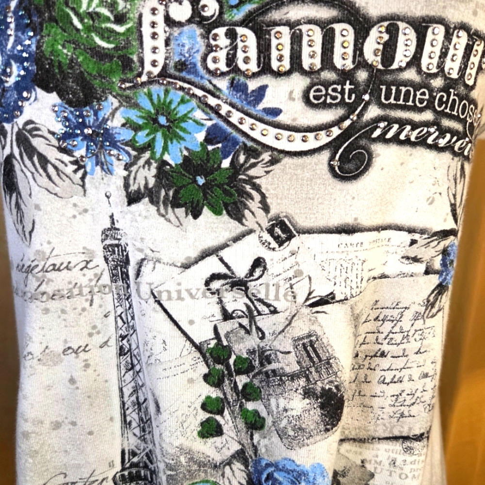 ✨️UPDATED✨️ VTG Y2K Blue Canyon Paris Graphic Tee Rhinestone Eiffel Tower Top M - Picture 12 of 15